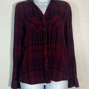 Tinsel Burgundy Cozy Plaid Flannel Button-Down Shirt SzM Grunge Cabincore